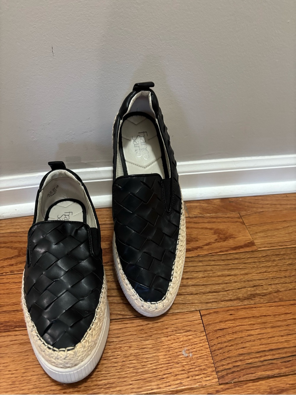 Franco Sarto Black Woven Slip-On Sneakers with Espadrille Rope Trim